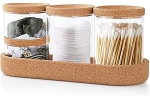 Anhow 4 Pièces Porte Coton Tige, Boîtes Rangement Cosmétiques avec Couvercle en Liège pour Tampon en Coton/Cotons-tiges/Boules Coton/Fil Dentaire - Transparente