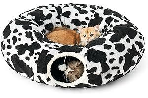 COZY KISS Katzentunnel mit Bett für Indoor Katzen, Großer Katzentunnel mit Zwei Eingängen Katzenhöhle, Katzenspieltunnel in Donutform, Geeignet für Kätzchen/Welpen/Kaninchen (Schwarz & Weiß, 85 D)
