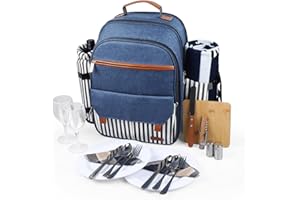 Sunflora Sac à Dos de Pique-Nique isolé pour 2 Personnes avec Compartiment glacière, Pochette à vin, Couverture et Ensemble de Couverts en Acier Inoxydable (Bleu et rayé)