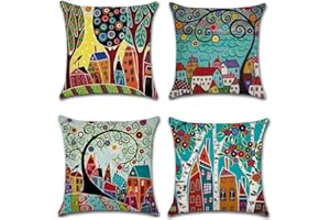 MUROAD Federe per Cuscino, Fodera per Cuscino del Divano in Cotone e Lino, 4 Pezzi (Colorato Albero Astratto)