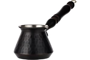 DEMMEX Thickest Turkish Greek Arabic Hammered Copper Coffee Pot Stovetop Coffee Maker Cezve Ibrik Briki with Wooden Handle & Wooden Pot Spoon, for 3 People (Antique Copper)
