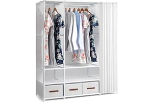 Alightup Armoire de Rangement avec Rideau, Penderie, Dressing, Armoire Métallique, avec Barres de Suspension, Porte-vêtements, pour Vestiaire, Chambre, 144 x 45 x 166 cm (Blanc, 144 x 45 x 166 cm)
