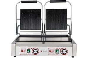 Beeketal 'BKG8' Gastro Doppelt Kontaktgrill mit Gusseisen Grillpatten (oben gerillt unten glatt) mit Fettauffangschale, Profi Edelstahl Elektrogrill ideal als Panini Grill Maker oder Sandwich Toaster