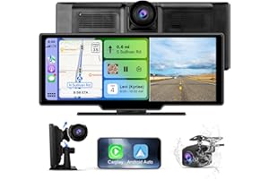 AWESAFE Pantalla Táctil de 10.26 Pulgadas para Coche con CarPlay/Android Auto Inalámbrico, Pantalla Portátil con Dashcam 4K Frontal/Cámara Trasera de HD 1080P/Control por Voz/Bluetooth/Mirror Link