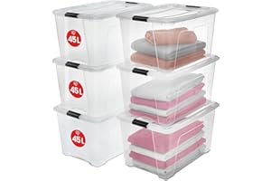 Iris Ohyama Scatole Portaoggetti in con Coperchio, 45L, Lotto di 6, Trasparente, Clip di Bloccaggio, Empilabile, Maniglia, Per Camera, Armadio, Ufficio, Organizzatore, Senza BPA, NTB-45