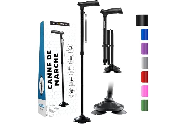 HoneyBull Canne de Marche Tripode en Aluminium pour Hommes et Femmes Pliable Réglable Robuste Tout Terrain Anti Dérapant, Aide à la Mobilité Personnes âgées