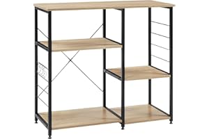 WOLTU Étagère Cuisine avec 5 Étagères de Rangement, Support Micro-Ondes avec 4 Crochets, Cadre en Métal, Bois d'Ingénierie, 90x40x83,5cm, Noir + Chêne Clair