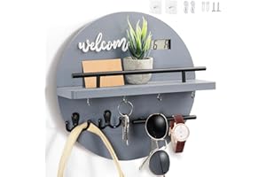 DAAIXC Key Holder for Wall Decorative, Key Hooks Wall Mounted with Shelf and Wooden key holder Round key hooks for Entryway Mudroom Hallway Kitchen Office (Grey)