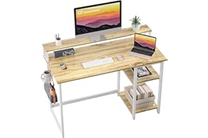 ‎GREENFOREST GreenForest Computer Schreibtisch mit vollem Monitor Stand und reversible Aufbewahrungsregale,120cm Home Office Schreibtisch mit Kopfhörerhaken und Becherhaken,Studie Gaming Workstation Tisch, Beige
