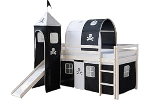 ‎HOMESTYLE4U Homestyle4u 522, Kinder Hochbett Mit Rutsche, Leiter, Turm, Tunnel, Vorhang Pirat Schwarz, Massivholz Weiß, 90x200 cm