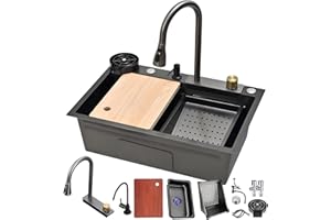 DSMRLEOP Fregadero de cocina de acero inoxidable negro, 75x45cm estación de trabajo multifuncional con grifo de cascada extraíble, lavavajillas de alta presión, sifón con cesta de drenaje