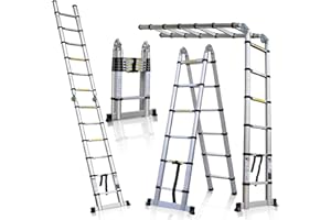 COOCHEER 5M Échelle Télescopique Pliante 2 en 1 Escabeau Pliant Ladder, Certifié EN131, Charge Max 150 kg (2,5M + 2,5M) Argent