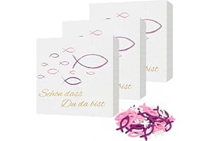 COMKRIVY 60 Stück Rosa Fisch Servietten und 45 Stück Holz Fische Deko, Schön, dass du da bist!', Fisch Tischdeko für Taufe, Kommunion, Konfirmation oder Andere festliche Anlässe, 33 x 33cm