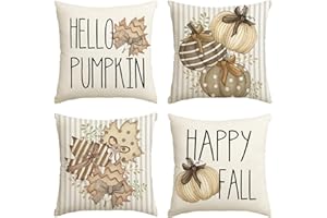 Artoid Mode Streifen Ahornblätter Hallo Kürbisse Herbst Kissenbezüge 4er Set, 45x45 cm Zierkissenbezug Cushion Cover Couch Wohnzimmer Deko
