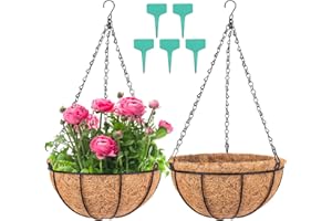Fun Lites 2 Pcs 30 CM Metal Hanging Planter Basket with Coco Coir Liner Round Wire Plant Holder Porch Decor Flower Pots Hanger Garden Decoration Hanging Baskets for Indoor Outdoor