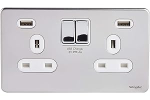 Schneider Electric Ultimate Screwless Flat Plate - Switched Double Power Socket, Double Pole, 13A, With USB Charging Ports, GGBGU3424DWPC, Polished Chrome With White Insert