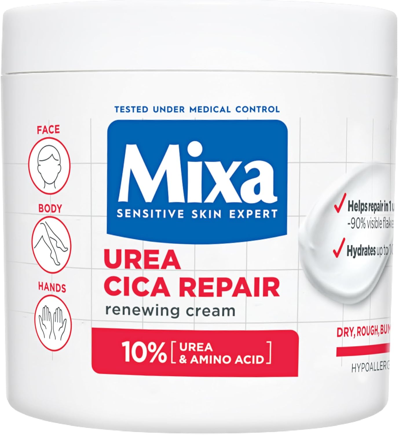 Mixa Body Cream, Urea Cica Repair Plus Renewing Cream, Body Moisturiser for Dry, Rough, Bumpy Skin, with 10% Urea and Niacinamide, Hypoallergenic, Up To 100H Hydration, 400ml