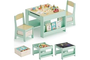 MAMIZO Tavolo per bambinicon 2 sedie, 3 in 1 Set tavolo e sedie, Mobili in legno per bambini con contenitori e librerie, Tavolo da gioco e attività, Tavolo da disegno, 3-7 ann (Verde)