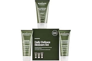 ManCave Daily Defence Skincare Gift Set for Men, Natural & Vegan Face Wash, Face Scrub & Moisturiser. Recycled Packaging, Made in England
