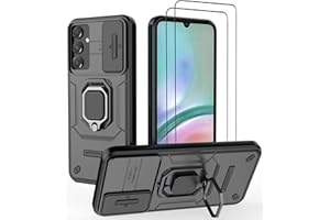 DERHAN Hülle für Samsung Galaxy A15 4G / A15 5G, Panzerhülle mit Schutzfilm [2 Stück] + Slide Camera [Kameraschutz], Schutzhülle Stoßfest Handyhülle mit Ring Ständer - Schwarz