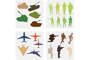 FINGERINSPIRE 4-Piece Army Soldiers Stencil Set: Tanks, Bombers, Soldiers & Rifles - 20x20cm - Military Theme - Perfect for Painting on Wood, Wall, Fabric, Canvas & Furniture