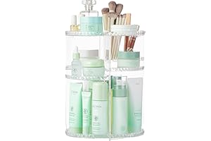 SUNFICON Rotating Makeup Organizer Cosmetic Holder 360 Degree Spining Makeup Storage Box Display Stand Brush Holders Adjustable Tray for Vanity Bathroom Bedroom Closet Large Acrylic Clear