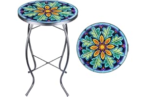 MUMTOP Side Patio Tables-Mosaic Outdoor Side Table - 14’’ Symmetrical Leaf Glass Accent Round End Table, Plant Stand Indoor Small Coffee Table for Garden or Living Room Decor