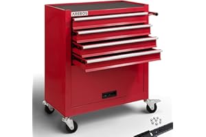 Arebos Wózek Warsztatowy 4 Szuflady + Duża Komora | Wózek Narzędziowy z Matą Antypoślizgową | Szuflady na łożyskach kulkowych | 2 Kółka z Hamulcem Postojowym (Czerwony)