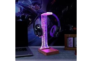 YuanDian Supporto per cuffie, supporto per cuffie in legno con vassoio, luce notturna a LED blu rosa per giocatori, uomini e amanti della musica, idea regalo perfetta per scrivania