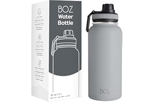 BOZ Botella Agua Acero Inoxidable de 1l, Botella Térmica 1 Litro con Aislamiento de Doble Pared, Termo Agua Fría y Caliente de Boca Ancha Sin BPA, Botella Isotérmica Antiderrame Color Gris