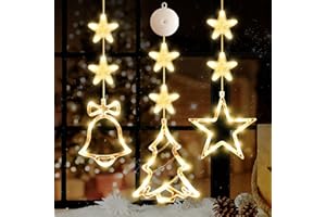 LYUBASA [Timer 3Pcs Christmas Window Lights Decorations,Battery Powered Christmas Hanging Warm White Lighted Tree Bell Star Shaped LED Sucker for Xmas Tree Fireplace Indoor Decor