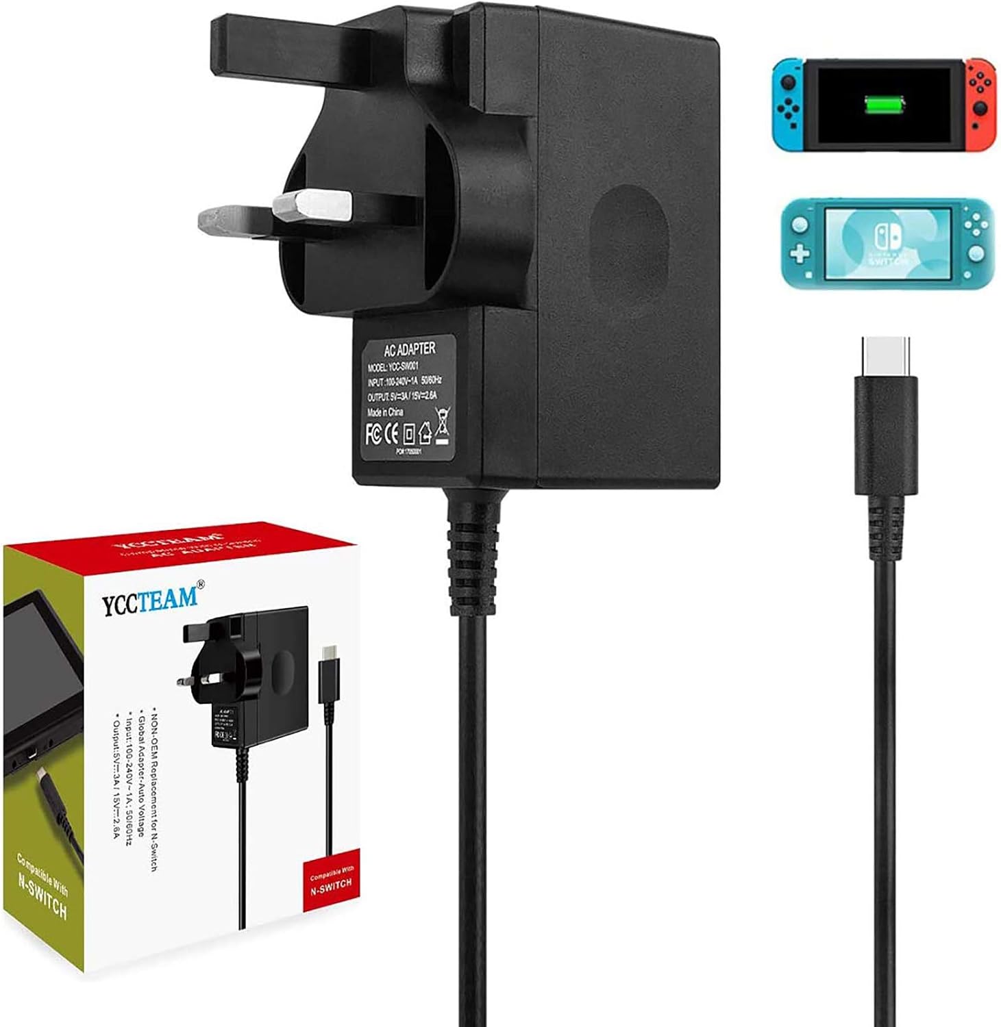 45W Charger for Switch 1/2 /Switch OLED/Switch Lite, 2Hours 15V/3A Fast Charging AC Adapter 5FT Type-C Cable Power Supply for Switch1/ 2 / Lite/Dock and Switch Pro Controller - Support TV Mode