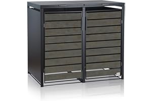 Zelsius Mülltonnenbox 2er Mülltonnen | (B) 132 x (T) 80 x (H) 117 cm | Anthrazit RAL7016 | Tür in dunkelgrauer Holzoptik mit Erweiterungsmöglichkeit | Mülltonnenverkleidung, Garten Müllbox