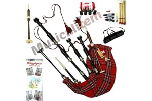 MUSICALITEM Cornemuse écossaise en palissandre avec finition noire, supports argentés et tartan Royal Stewart - avec livre d'apprentissage (français non garanti) et sac de transport