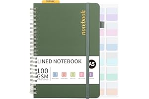 Thboxes A5 Notebook, 160 Pages A5 Lined Wirebound Spiral Notepad, 100GSM College Ruled Notebook with 24 Labels for Women Men Office School,15 X 21.5 cm, Green