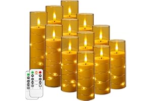 Da by Candela LED lampeggiante con stringa di stelle incorporata, candela a bastoncino LED in acrilico con telecomando a 11 pulsanti e timer, candela elettrica, Dorato, set di 12