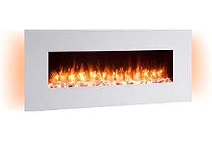 ‎BALDERIA RICHEN Yoash Elektrokamin - Elektrischer Wandkamin mit Heizung 1000/2000 W, realistischer 3D-Flammeneffekt, LED-Beleuchtung, Fernbedienung programmierbar, Timer, Thermostat - Weiß