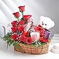 FlowerAura Lovely Fresh Live 12 Red Roses Flowers With Chocolate & Candle In Basket For Valentine's Day Gift, Birthday Gift, Anniversary Gift, Women's Day Gift & Mother's Day Gift (Same Day Delivery)