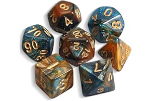 QMAY DND Lot de 7 dés polyédriques pour Donjons et Dragons MTG RPG D&D D20, D12, D10, D%, D8, D6, D4 (Bleu avec Brun + Paillettes)