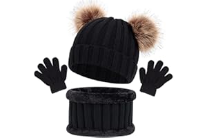Baynetin Cappello a Maglia Bambini Invernale Sciarpa Guanti 3 Pezzi,Termico Maglia Crochet Doppio PomPom Cappello Sciarpa Guanti 3 in 1,per 1-6 Anni Ragazzi Ragazze