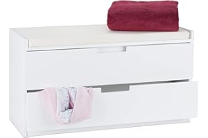 Relaxdays Banco Almacenaje Acolchado con 2 Cajones, DM y Tela, Blanco, 48,5 x 87 x 38 cm, MDM