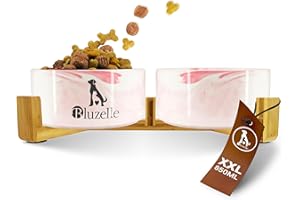 bluzelle Ciotola Cane 2-in-1 XXL, Ciotole Ceramica 850ml con Struttura in bambù, Doppia Ciotola Rialzata per Cani e Gatti, Antiscivolo, Lavabile in Lavastoviglie e Microonde, Colore:Marmo Rosa