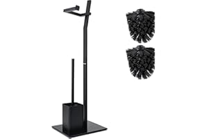 SMARTPEAS Juego De Inodoro - Negro -22X18X70Cm– Incl. Soporte para Papel Higiénico Y Escobilla De Baño - Acero Inoxidable - Base De Vidrio – Plus: 1+2 Cabezas De Escobilla A Cambio!
