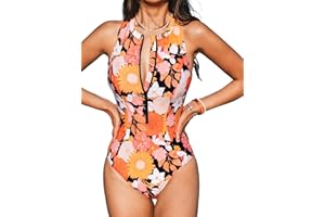 CUPSHE Damski jednoczęściowy strój kąpielowy z wysokim dekoltem bez rękawów zamek błyskawiczny T-Splice strój kąpielowy wyszczuplający