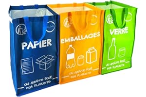 Lot de 3 Sacs de Tri Selectif colorés - Poubelle Tri Selectif 3 Bacs - Bac Tri Selectif Plastique, Papier et Verre [Capacité de poubelle recyclage 174L] (Bleu / Jaune (Version Emballages 2023) / Vert)