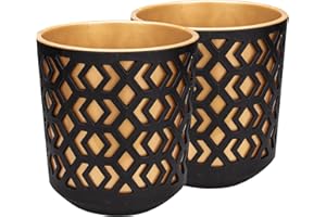 PECZEKO Macetas Mate Macetas Decorativas Hierbas Macetas Redondas de plástico duraderas y Ligeras para salón, Comedor, Cocina, terraza, balcón Juego de 2 Piezas (Negro/Dorado, diámetro 14 cm)