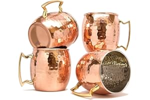 OLD DUTCH INTERNATIONAL Dungri India - Juego de 4 tazas de cobre martillado (100% cobre puro, revestimiento de níquel, mango de latón