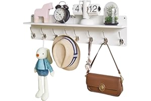YMYNY Wandgarderoben mit Ablage, 2er Set Wandregal in einem Paket, Garderobenhaken mit 8 Doppelhaken, Holz, für Mäntel, Jacken, Hüte, Taschen, für Eingangbreich, Schlafzimmer, Weiß HWS006W-2