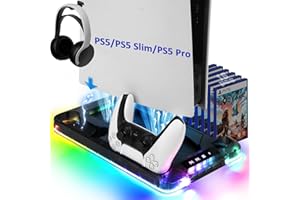 Auniq Supporto PS5/PS5 Slim/PS5 Pro con Ventola & Luce RGB, Trasparente PS5 Stazione di Raffreddamento Supporto di Ricarica con Controller Ricarica Stazione di ricarica per PS5/Slim/Pro Disco &Digital