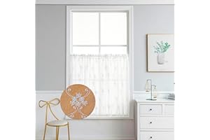 LIVETTY Original Net Curtains 54 Inch Drop 2 Panels Set Windows White Eyelet, Transparent Linen Style Voile 3D Floral Classic Embroidery for Bedroom, Living Room, Kitchen